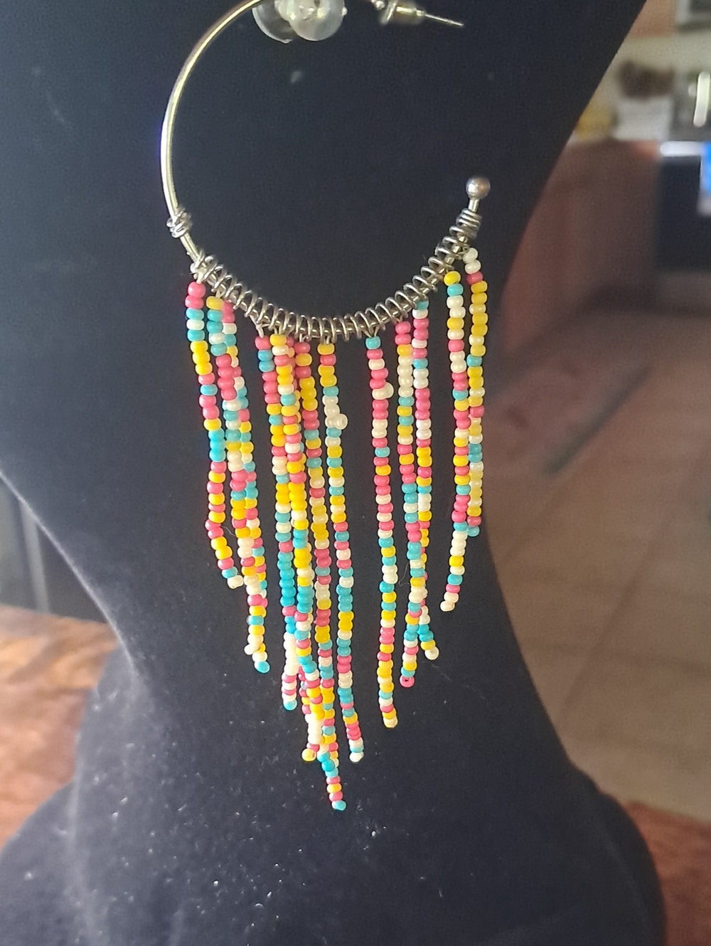 Colorful Beaded Fringe Hoop Earrings - Multicolor